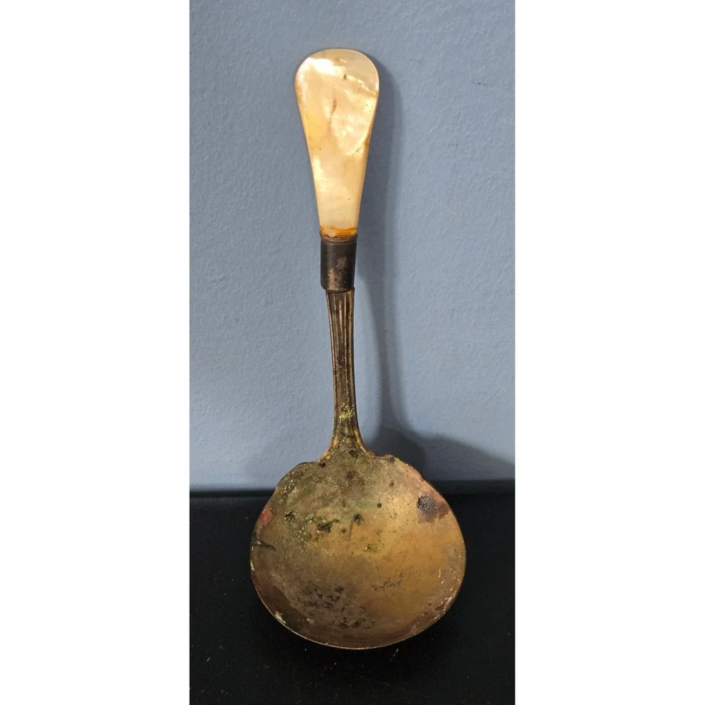 Antique Sterling Silver Mother of Pearl Handle Salt Condiment Spoon Patina 6